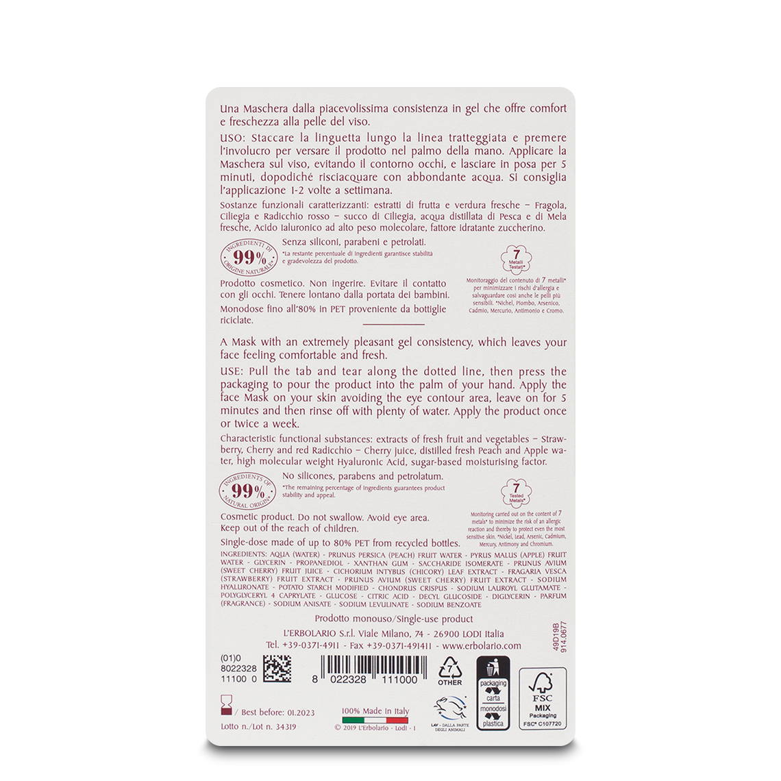 L'erbolario Maschera Gel Viso Ultra Idratante I Colori dell'Orto Promozione Limitata